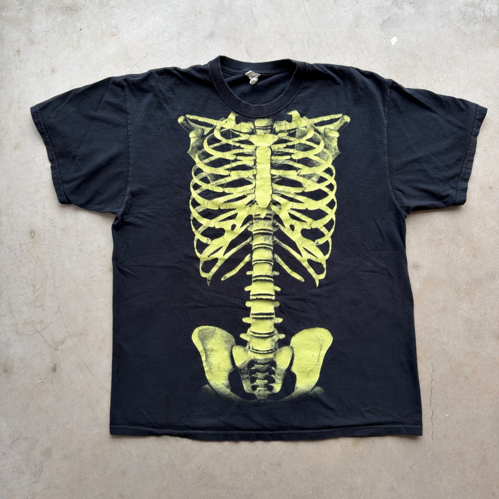 Vintage Jerzees Hi Blend Skeleton T Shirt Black Neon Yellow Rib Cage Men XL